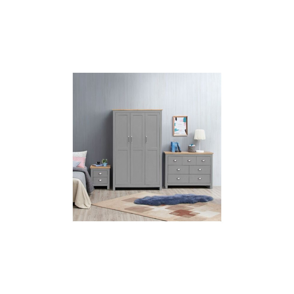 Lisbon 3 Piece Set 3 Doors Wardrobe 7 Drawer Chest Bedside Light Grey