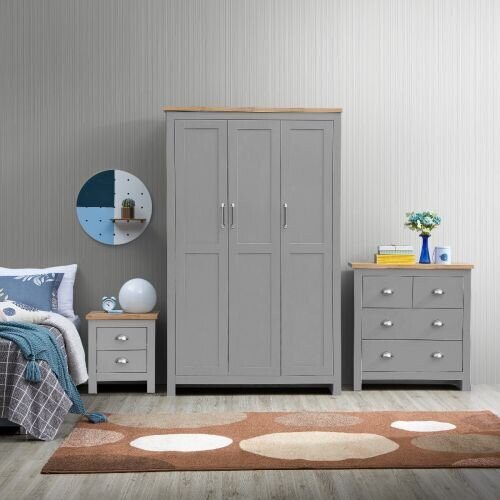 Timber Art Design UK 3 Piece Set 3 Doors Wardrobe 4 Drawer Chest Bedside Table  Light Grey
