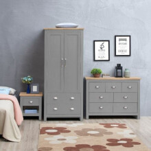 Lisbon 3 Piece Set Wardrobe 7 Drawer Chest 1 Drawer Bedside Table Light Grey