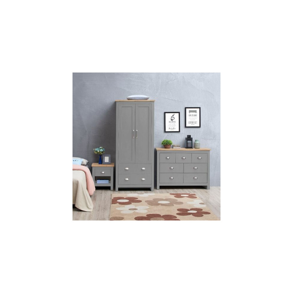 Lisbon 3 Piece Set Wardrobe 7 Drawer Chest 1 Drawer Bedside Table Light Grey
