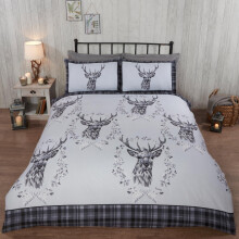 Angus Stag Grey Double Duvet Cover Set – 100% Brushed Cotton, Reversible Stag Head & Tartan Check