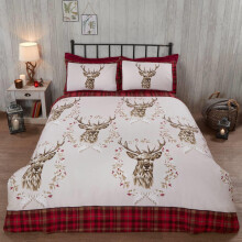 Angus Stag Red Double Duvet Cover Set 100% Brushed Cotton Reversible Checked Duvet Set