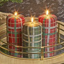3x 40hr Wax Tartan Themed Glitter Christmas Candle Home Xmas Decoration Seasonal