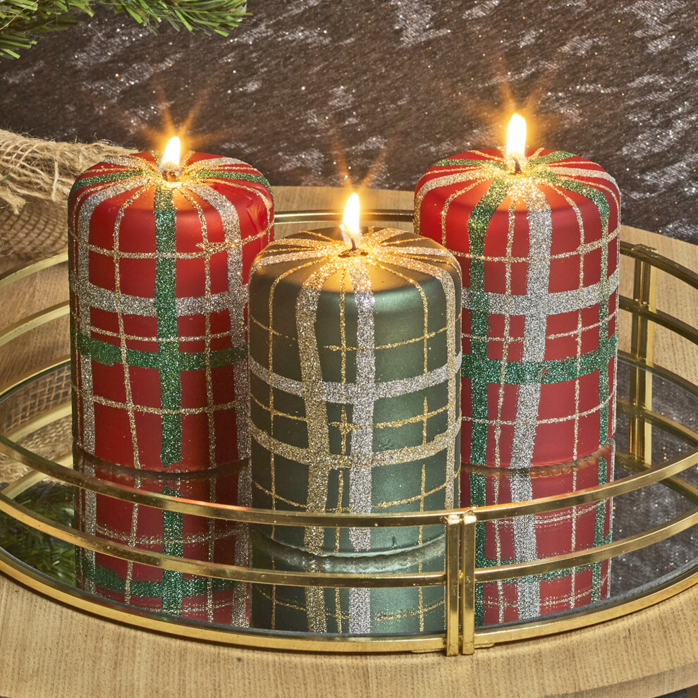 3x 40hr Wax Tartan Themed Glitter Christmas Candle Home Xmas Decoration Seasonal