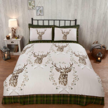 Angus Stag Green Double Duvet Cover Set 100% Brushed Cotton Reversible Checked Duvet Set