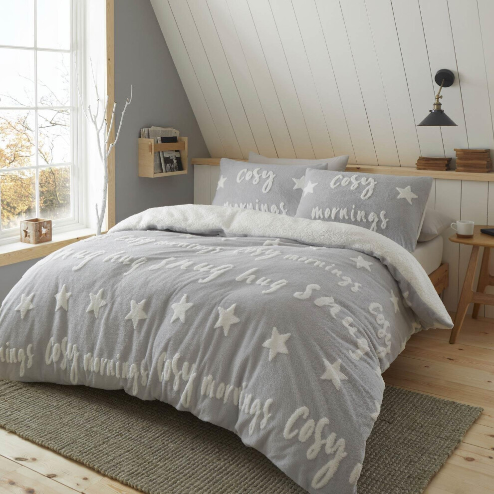 Catherine Lansfield Cosy Up Tufted Fleece King Size Duvet Cover Set Sherpa Grey