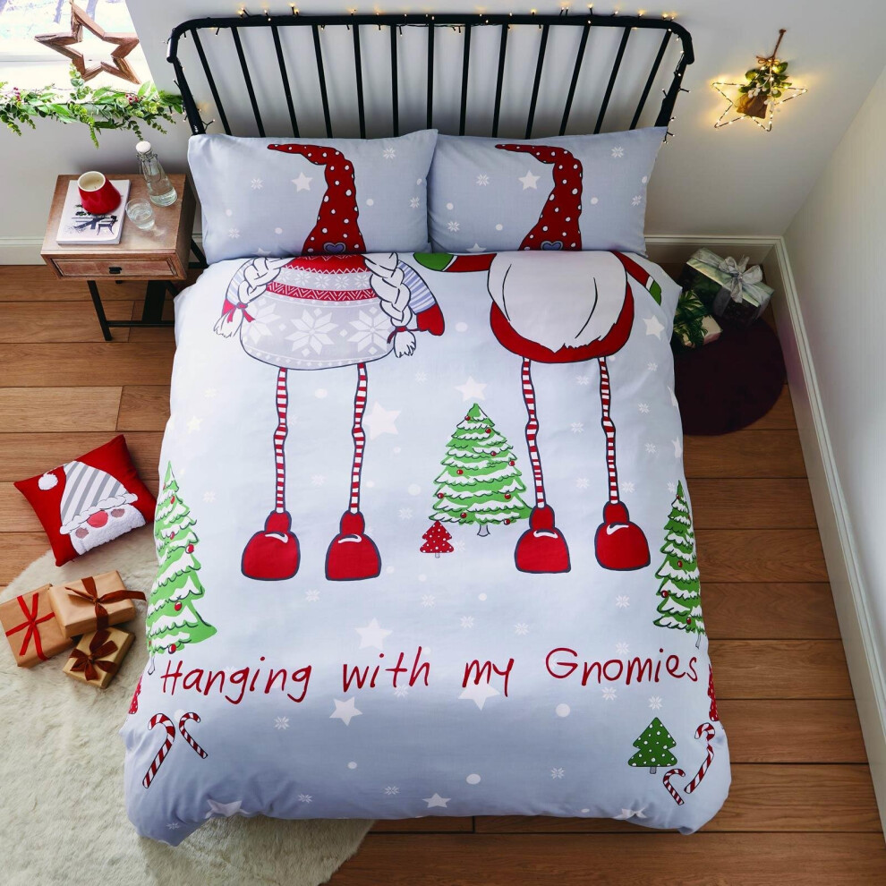 Catherine Lansfield Hanging With My Gnomies Duvet Cover Set, Red/Grey, Double