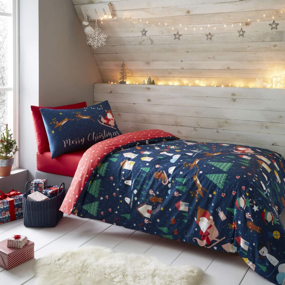 Catherine Lansfield Santa's Wonderland Glow In The Dark King Duvet Set Navy Festive Blue