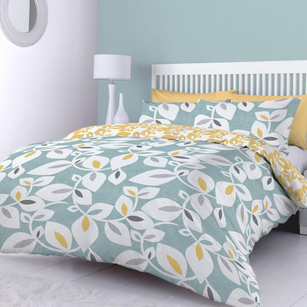 Catherine Lansfield Inga Leaf Duvet Cover Teal Double Grey