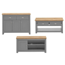 Lisbon Light Grey 3-Piece Living Room Set with Oak Tops: TV Unit, Sideboard & Coffee Table