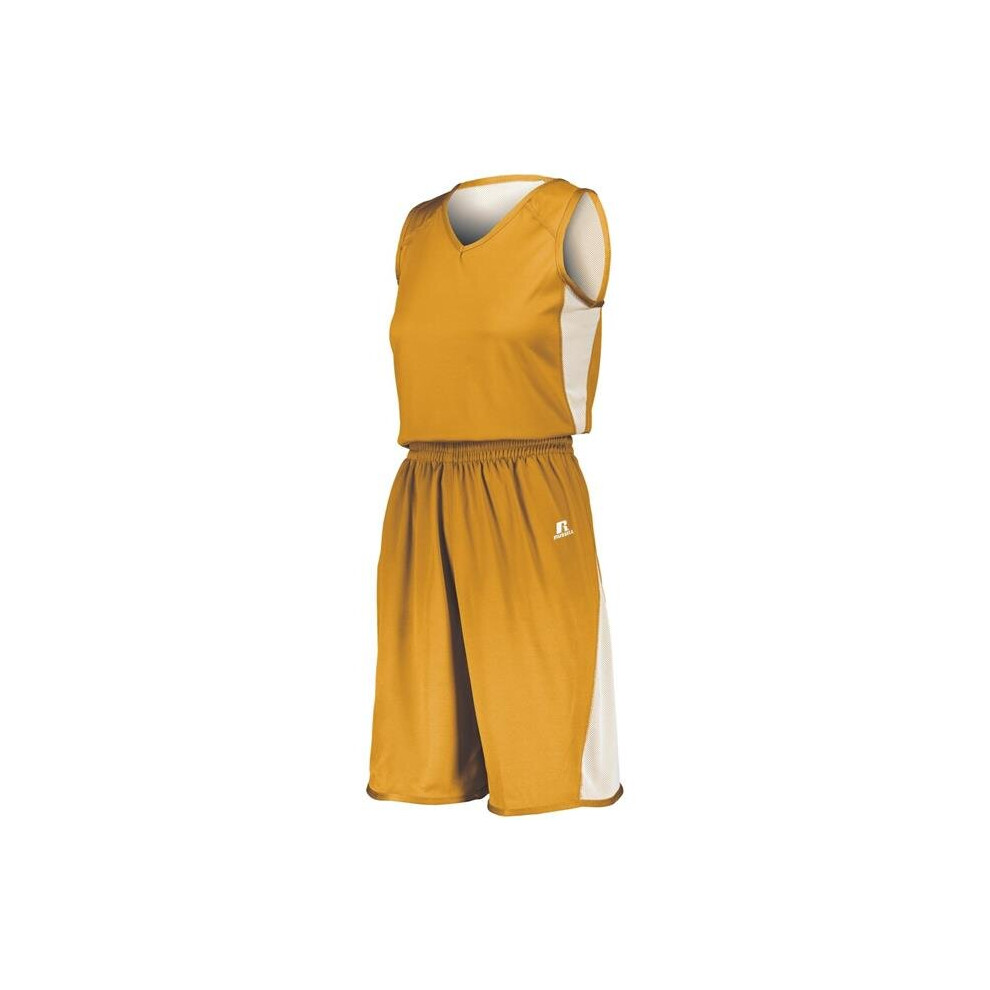 Russell 5R6DLX.GWH.S Ladies Undivided Single Ply Reversible Shorts, Gold & White - Small
