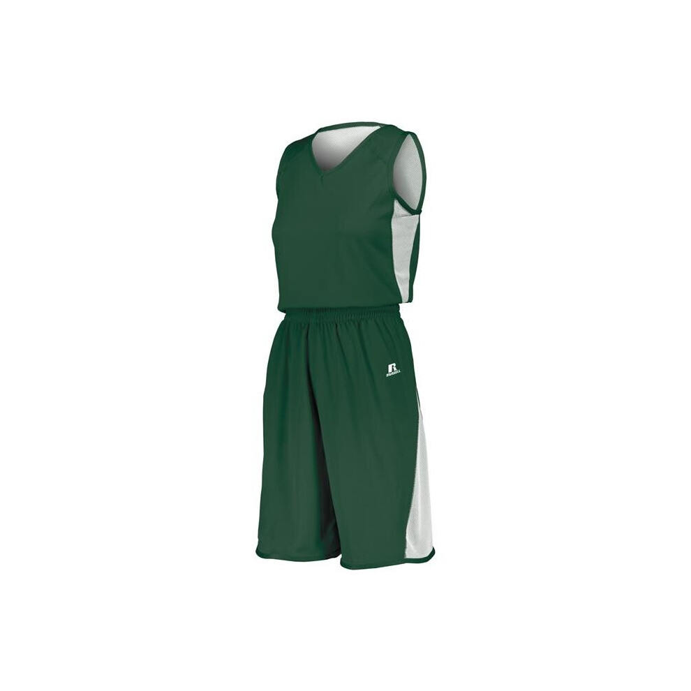 Russell 5R6DLX.DWI.S Ladies Undivided Single Ply Reversible Shorts, Dark Green & White - Small