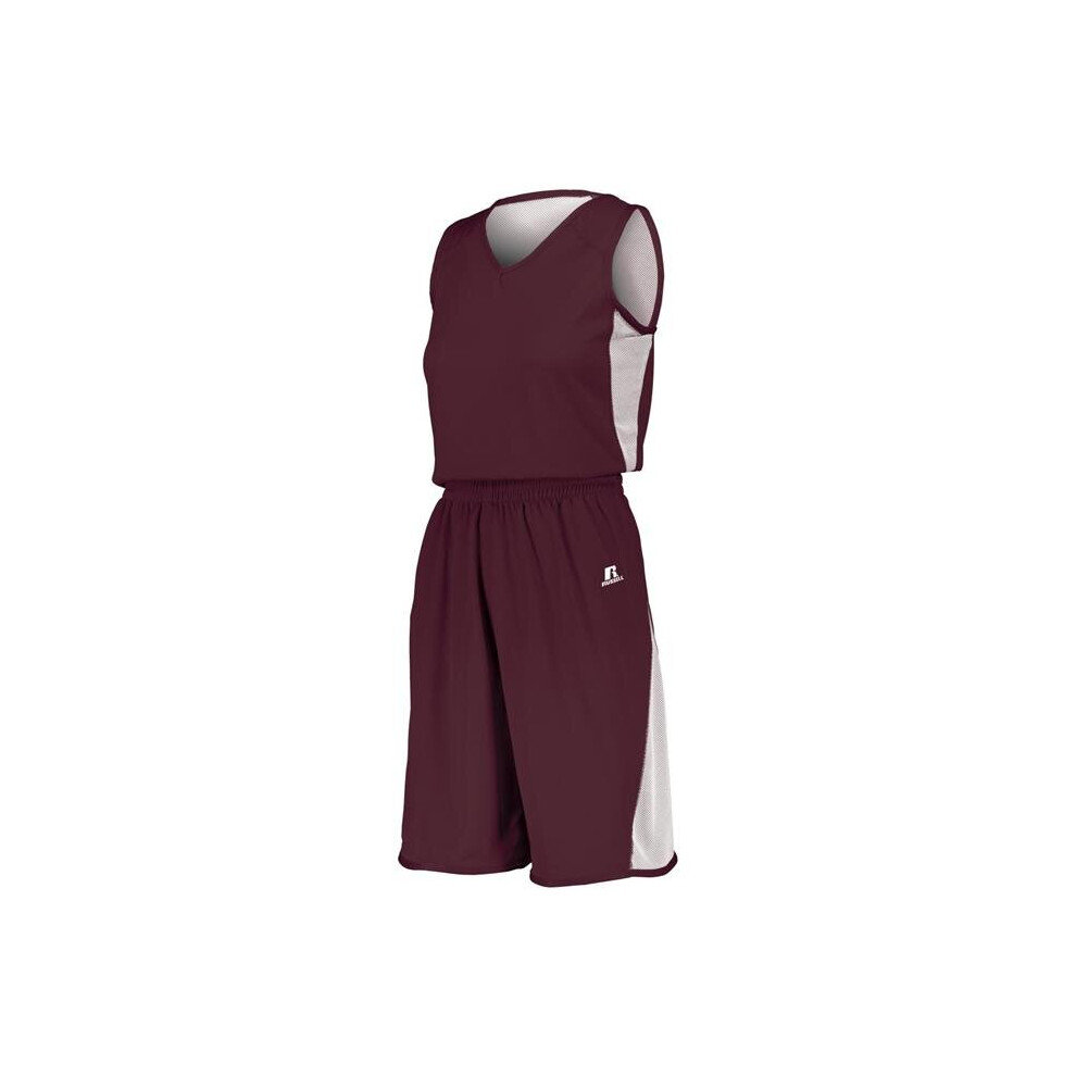 Russell 5R6DLX.MWH.L Ladies Undivided Single Ply Reversible Shorts, Maroon & White - Large