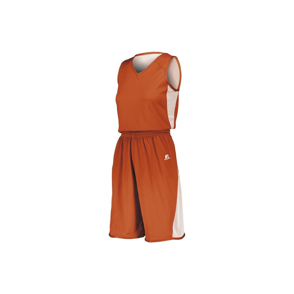 Russell 5R6DLX.BOW.S Ladies Undivided Single Ply Reversible Shorts, Burnt Orange & White - Small