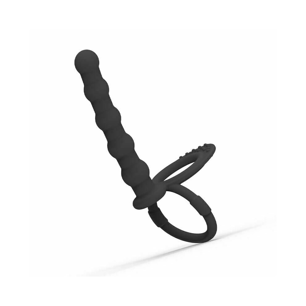 Black Double Penetration Cock Ring Strapon Anal Beads Dildo Butt Plug