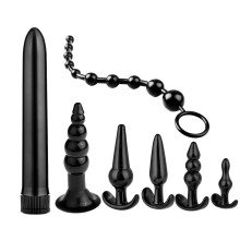 7-Piece Black Anal Training Set with Beads & Bullet Vibrator – Silicone Plugs, Suction Cup, Waterproof