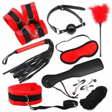 (Red) Black Red 10Pcs Bondage Kit Bdsm Beginner Set Sex Toys For Couples