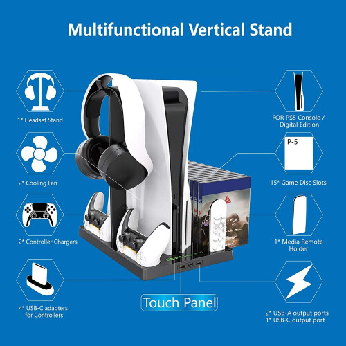 Vertical Stand with Headset Holder and Cooling Fan Base for PS5 Console Playstation on OnBuy
