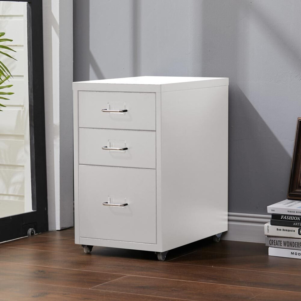 (White) 3 Drawers Metal Filing Cabinet w/ 4 Wheels Compact Under Desk