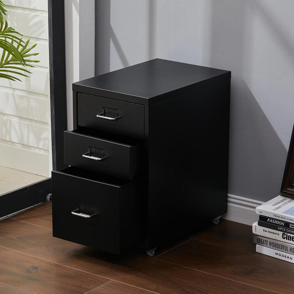 (Black) 3 Drawers Metal Filing Cabinet w/ 4 Wheels Compact Under Desk