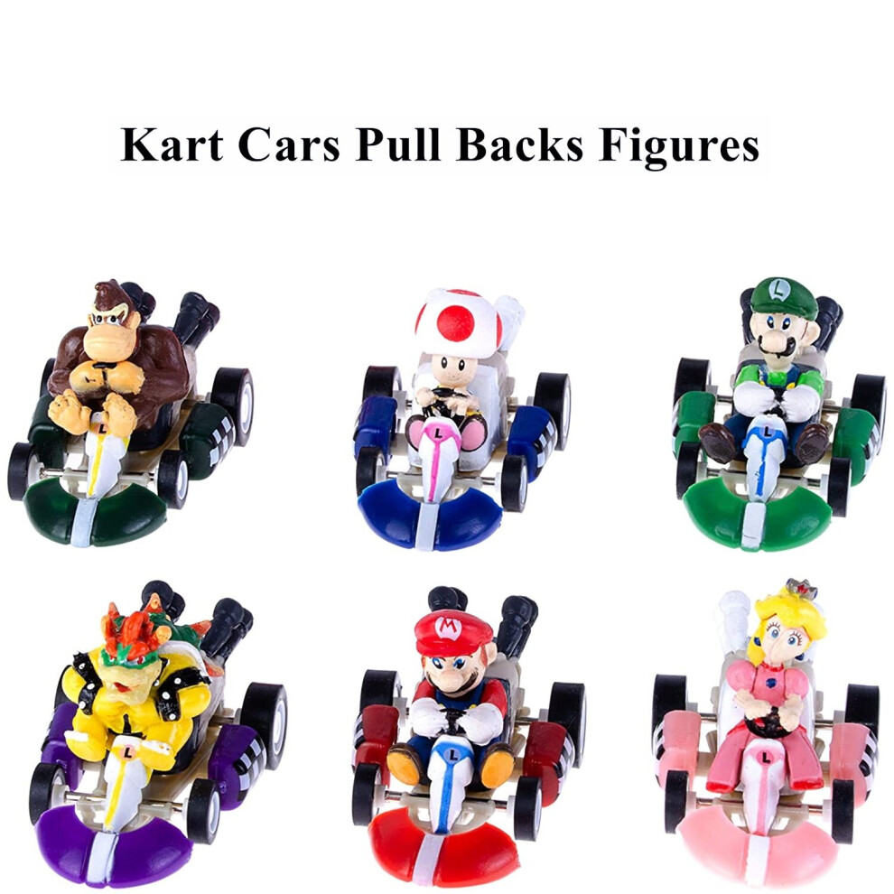 6pcs Mario Kart Cars Pull Backs Figures, Mario, Luigi, Princess Peach, Bowser, Toad, Donkey Kong Perfect Mario Cake Topper Decorations