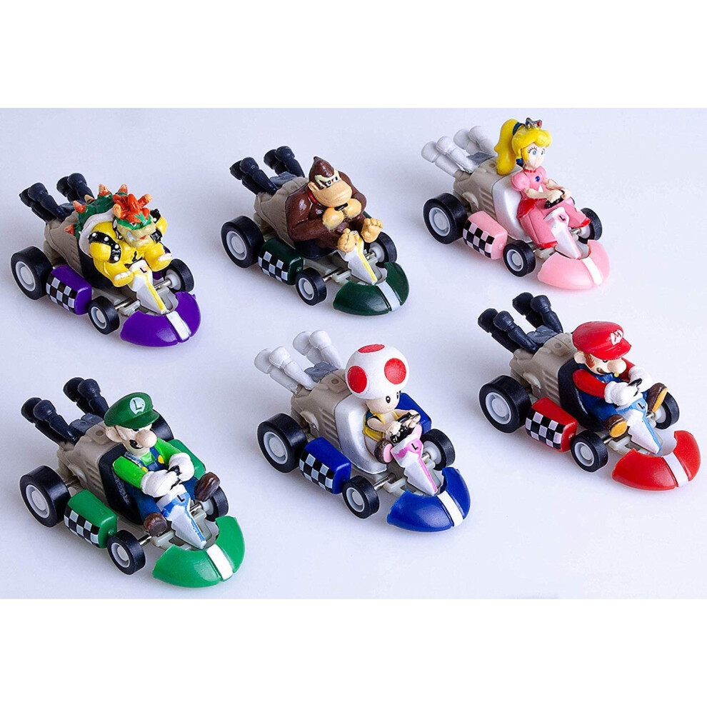 6pcs Mario Kart Cars Pull Backs Figures, Mario, Luigi, Princess Peach, Bowser, Toad, Donkey Kong Perfect Mario Cake Topper Decorations