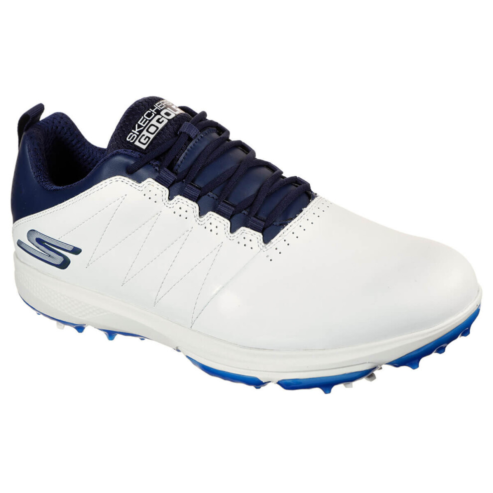 (UK 8.5, White/Navy) Skechers Mens 2021 Pro 4 Legacy Waterproof Spiked Leather Comfort Golf Shoes