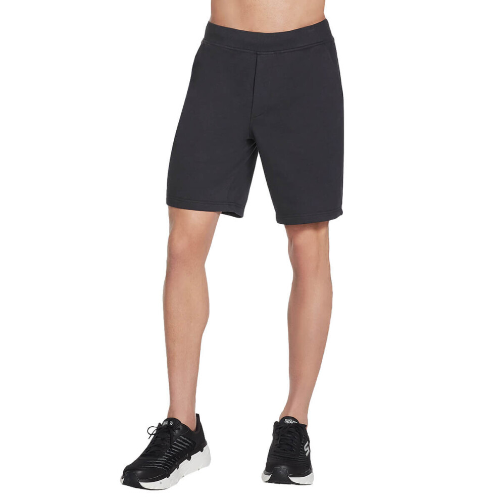 (L, Bold Black) Skechers Mens Explore 9" Elastic Drawstring French Terry Cotton Shorts