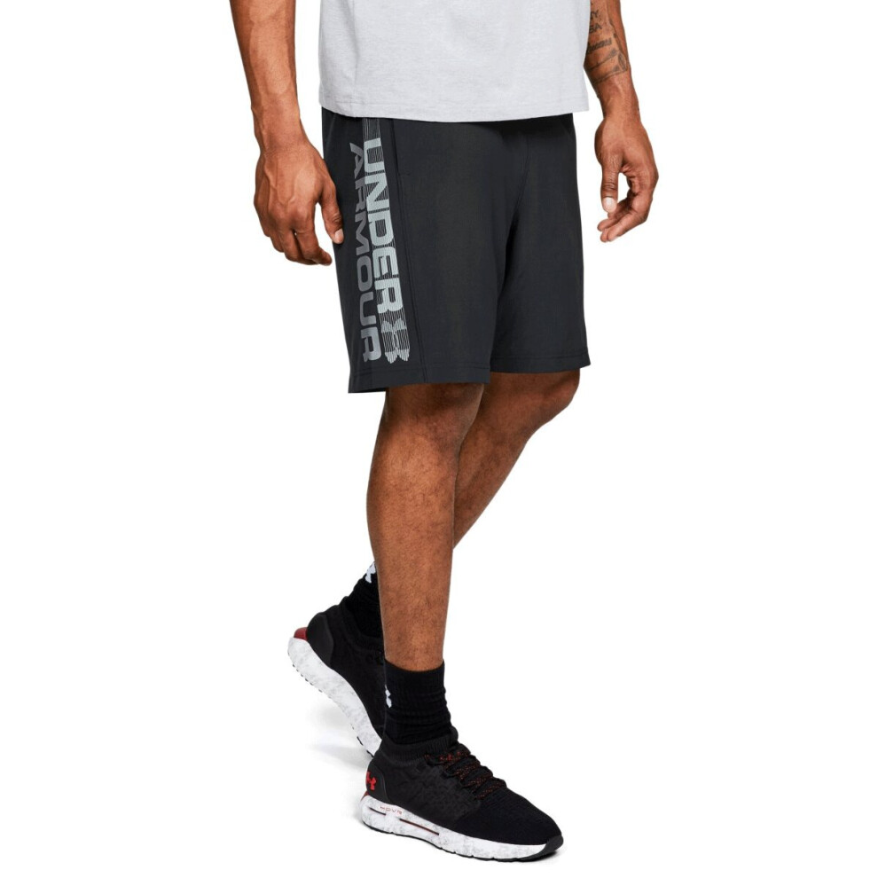 (M, Black/Zinc Gray) Under Armour Mens 2021 Woven Graphic Wordmark Lightweight Breathable Shorts