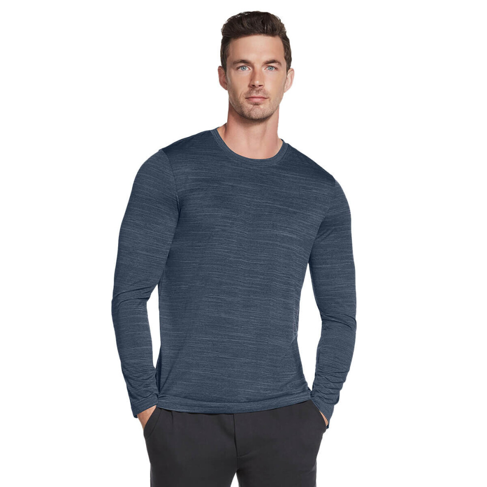 (XL, Smoke Blue/Blue Iris) Skechers Mens On The Road Long Sleeve Crew Neck Performance T-Shirt