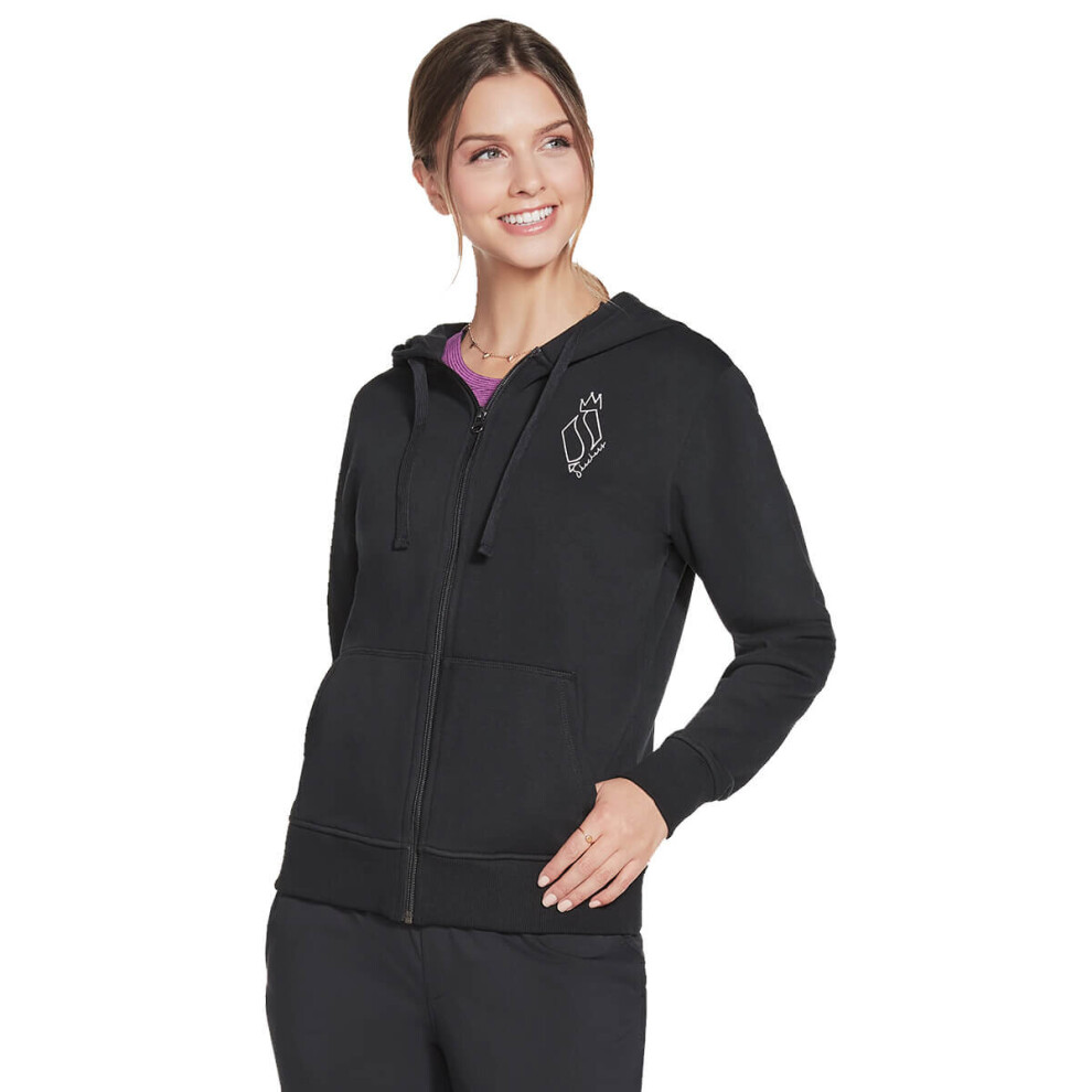 (S, Bold Black) Skechers Womens Diamond Crown Kangaroo Pocket Drawcord Full Zip Hoody