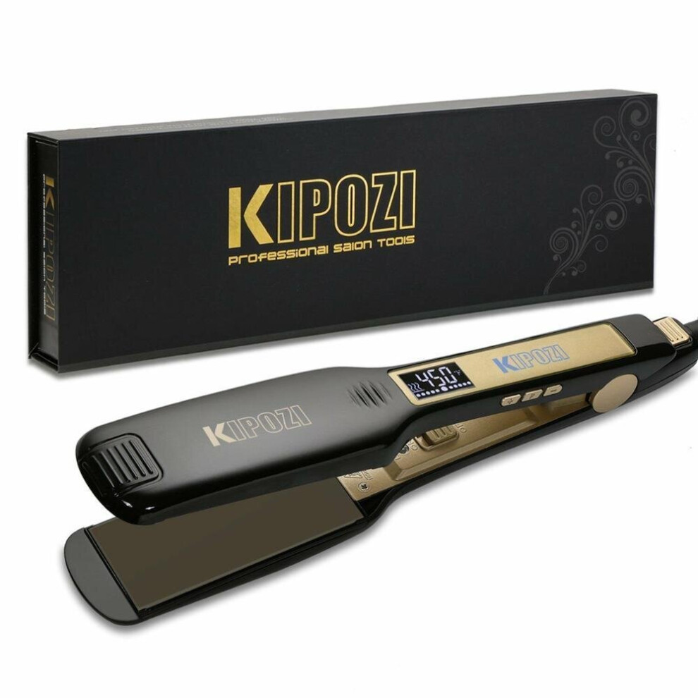(Black, US) Kipozi Professional Hair Straightener Titanium Flat Iron With Digital Lcd Display Dual Voltage Instant Heating Curling Iron