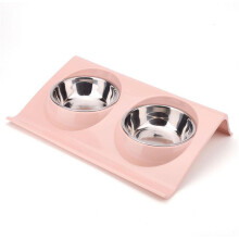 (pink) Double Bowls Stainless Steel Pet Food Feeder Drinking Dog Cat Bowl Easy Cleaned