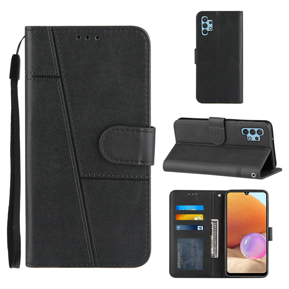 Samsung Galaxy A32 5G Case Cowhide Texture Leather Case With Card Slots Black 8764229131199