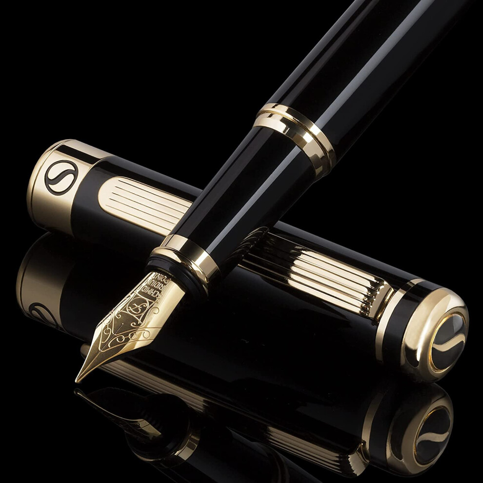 Black Lacquer Fountain Pen Scriveiner Stunning Pen with 24K Gold Finish Schmidt 18K Gilded Nib (Fine) Gift Set