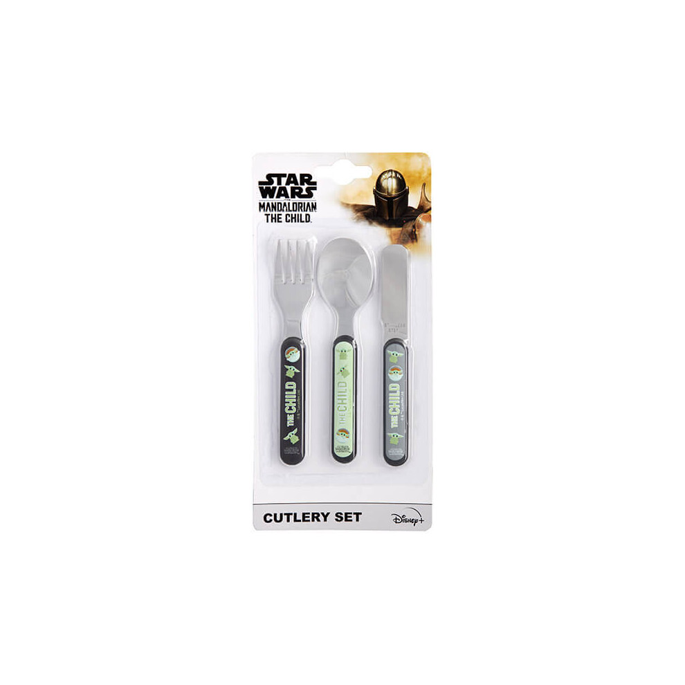 Star Wars The Mandalorian Child Re-usable Childrens 3pc Cutlery Knife Fork Spoon Set, Stainless Steel