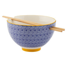 Typhoon 1402.100 Stoneware Noodle Bowl with Blue Wave Glaze and Yellow Rim, 16cm - Includes Bamboo Chopsticks & Built-in Chopstick Rests