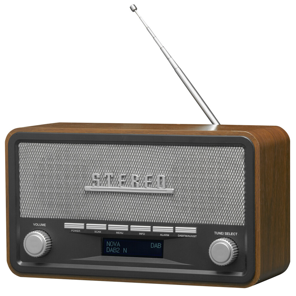 Denver Dab-18 Vintage Style Stereo Dab / Dab+ & Fm Radio, Real Wood Cabinet, Bluetooth, Clock Radio Alarm, Aux In, Mains Or Battery