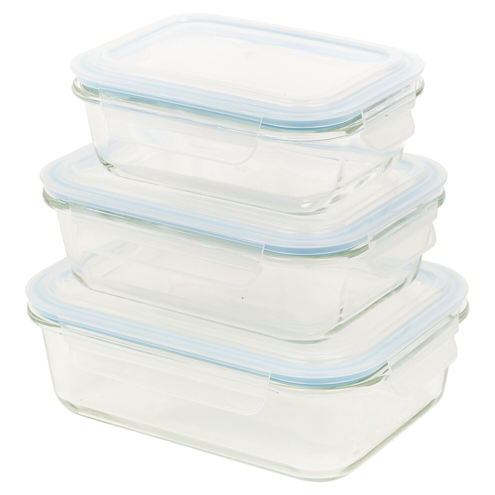 (Set of 3) Clear Rectangle Glass Kitchen Oven Safe Food Storage Containers Plastic Lid x3,6