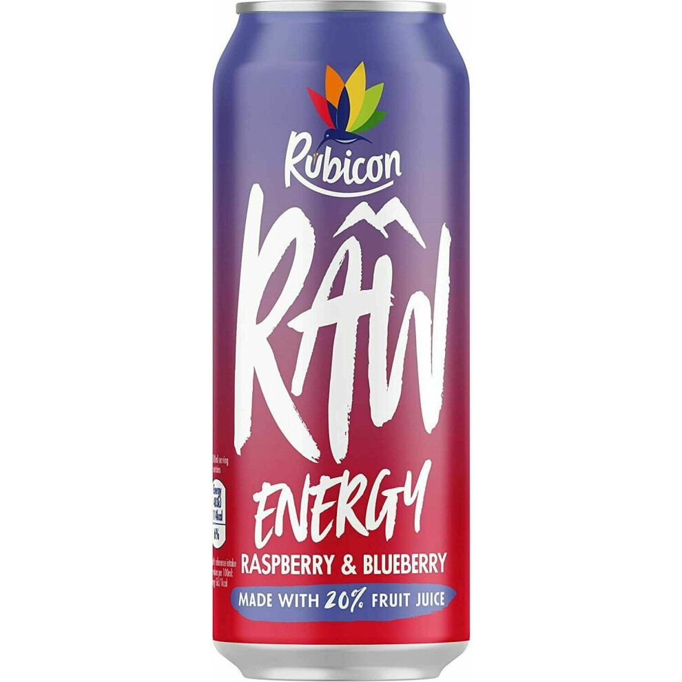 (3 Cans, Raspberry & Blueberry) Rubicon RAW Energy Drink 500ml Juiced Fruit Mixed