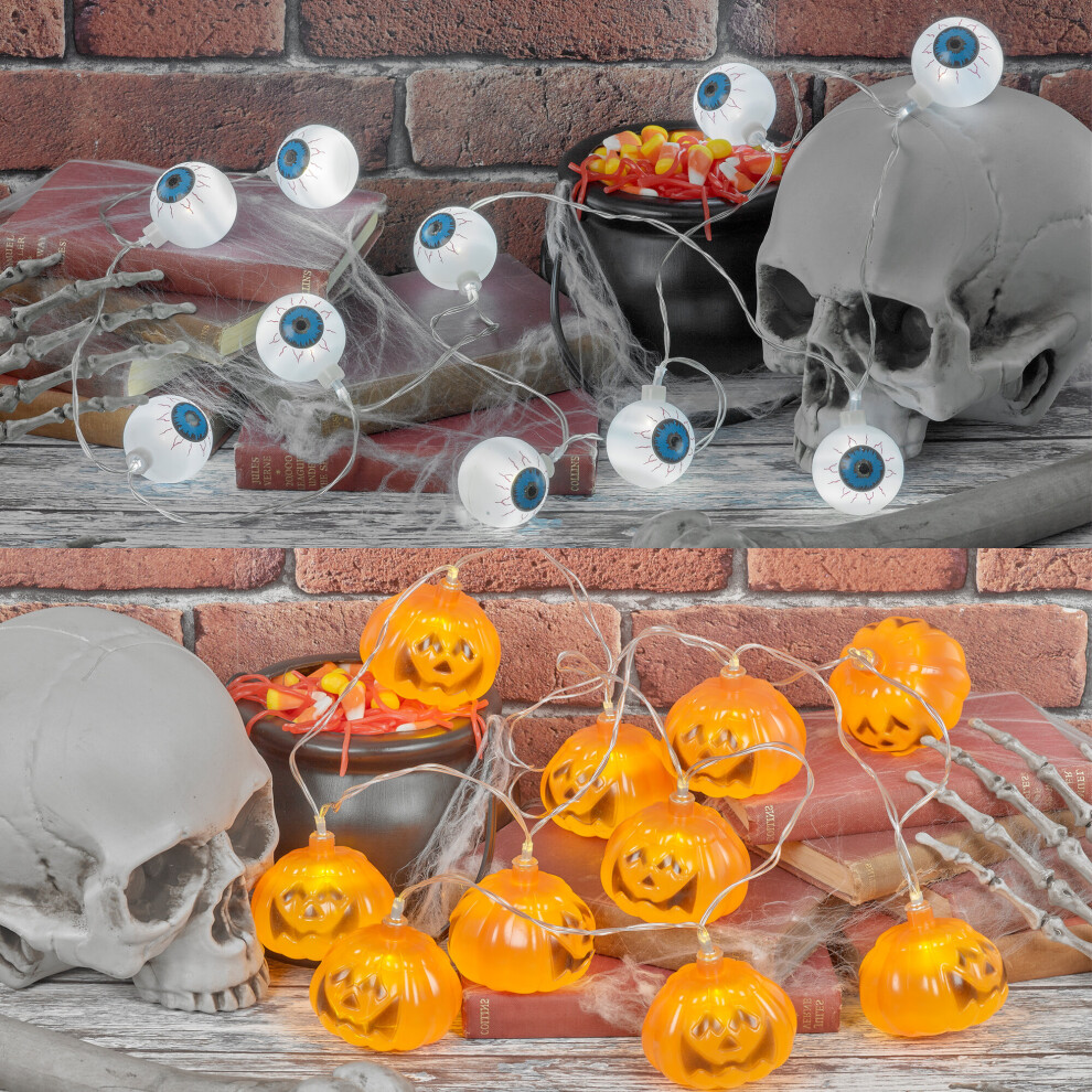 20 Halloween LED String Lights Pumpkin & Eyeball Party Decor Indoor Outdoor Events Battery Operated