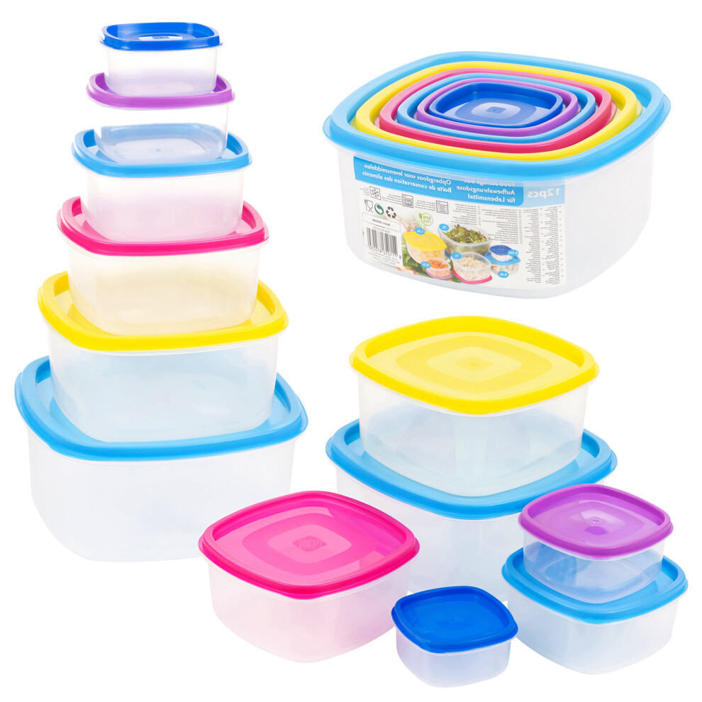 12 Piece Plastic Food Storage Containers Set Colour Lid Microwave Safe