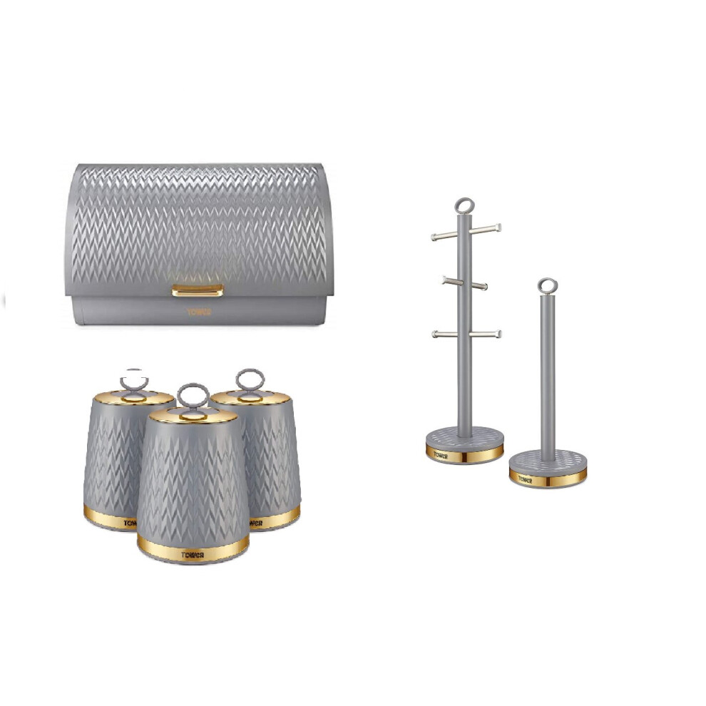 EMPIRE Bronze GREY Roll Top Bread bin, towel Pole, Mug Tree and set 3 Canisters