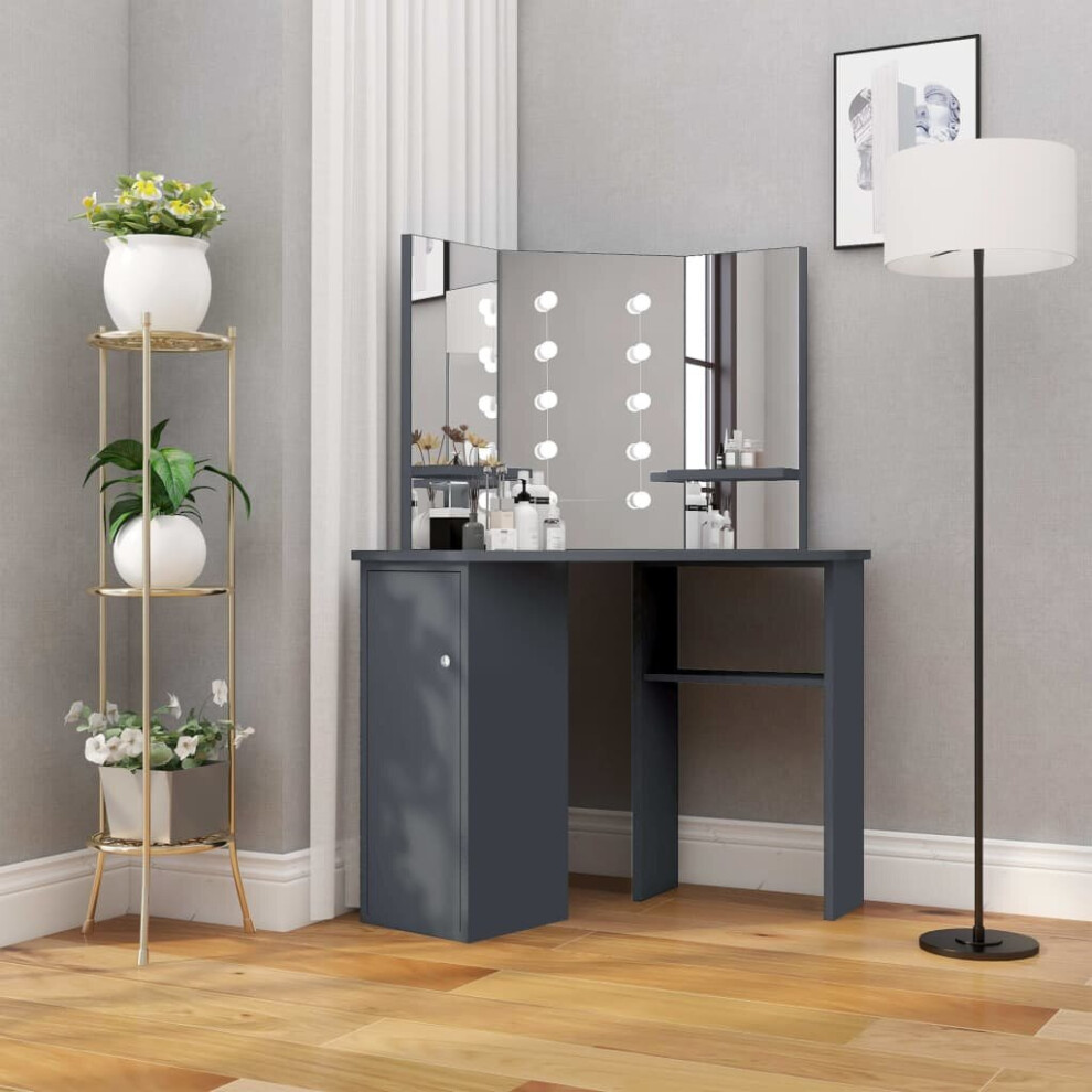 vidaXL Corner Dressing Table with LED Grey Cosmetic Vanity Table Furniture