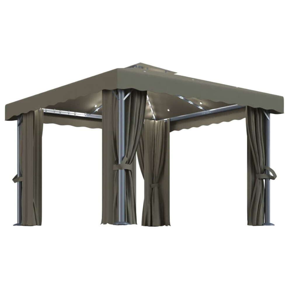 Vidaxl Gazebo With Curtain And Led String Lights 3X3 M Taupe Outdoor Sunshade