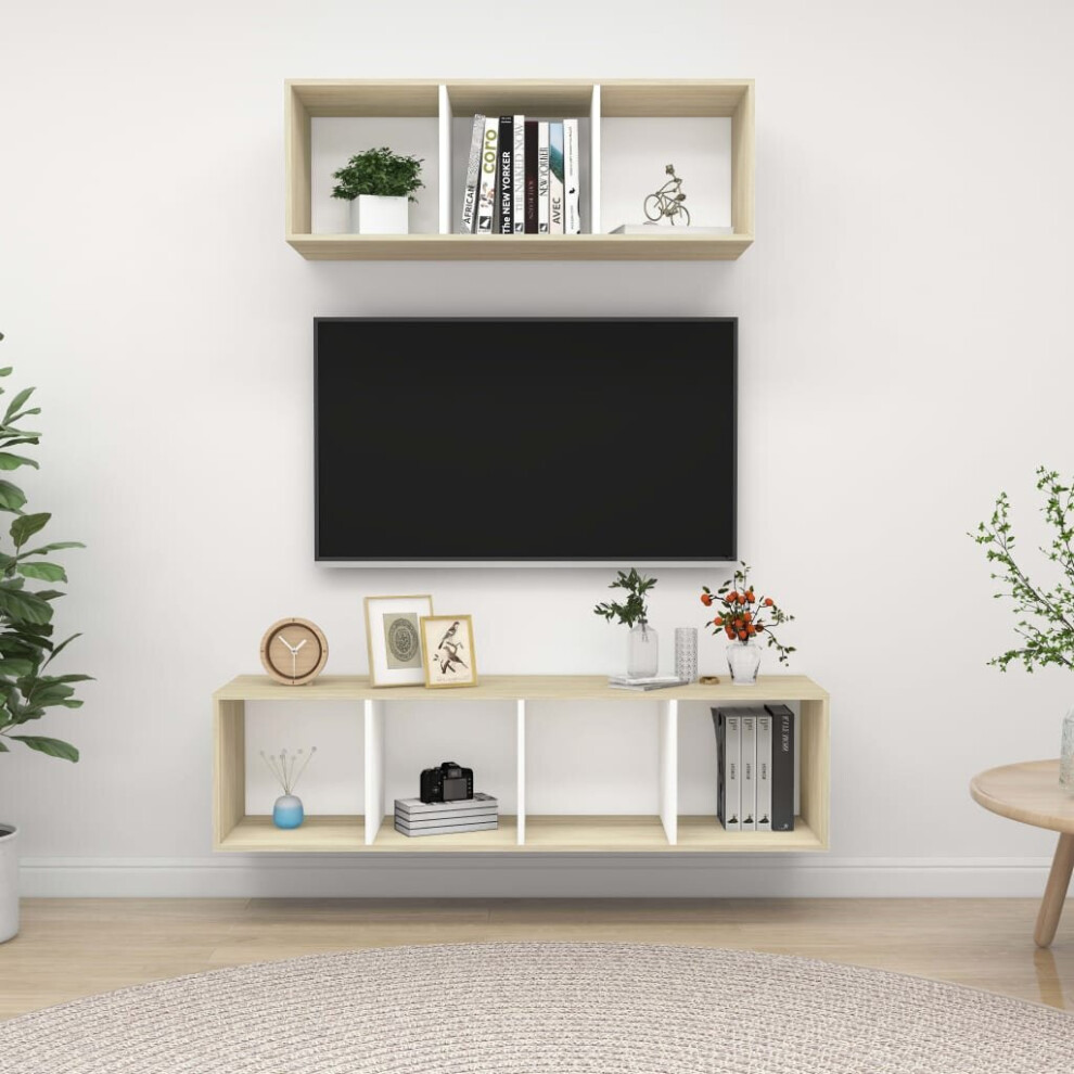 vidaXL TV Cabinet Set 2 Piece White and Sonoma Oak Chipboard Stand Living Room