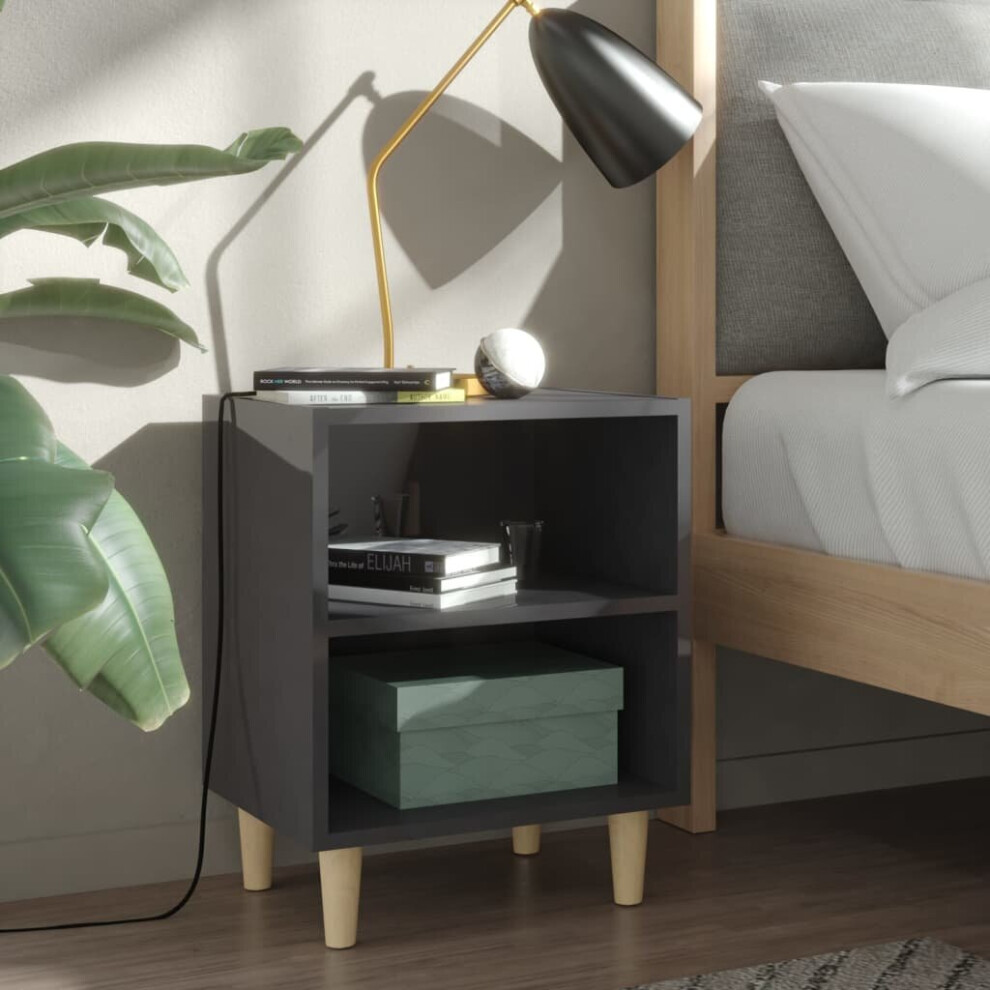 vidaXL Bed Cabinet with Solid Wood Legs High Gloss Grey Bedroom Nightstand