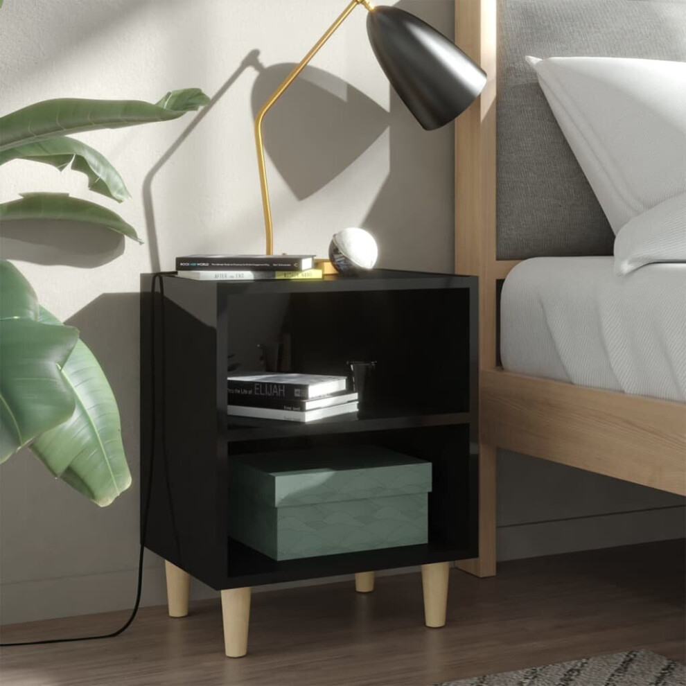 vidaXL Bed Cabinet with Solid Wood Legs High Gloss Black Nightstand Bedroom