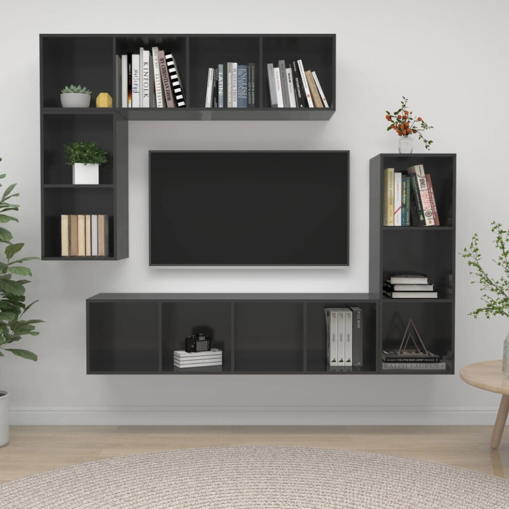vidaXL TV Cabinet Set 4 Piece High Gloss Grey Engineered Wood Stereo Cabinet
