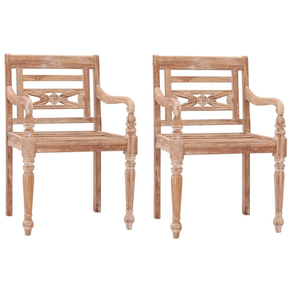 vidaXL 2x Solid Teak Wood Batavia Chairs White Wash Wooden Outdoor Chairs